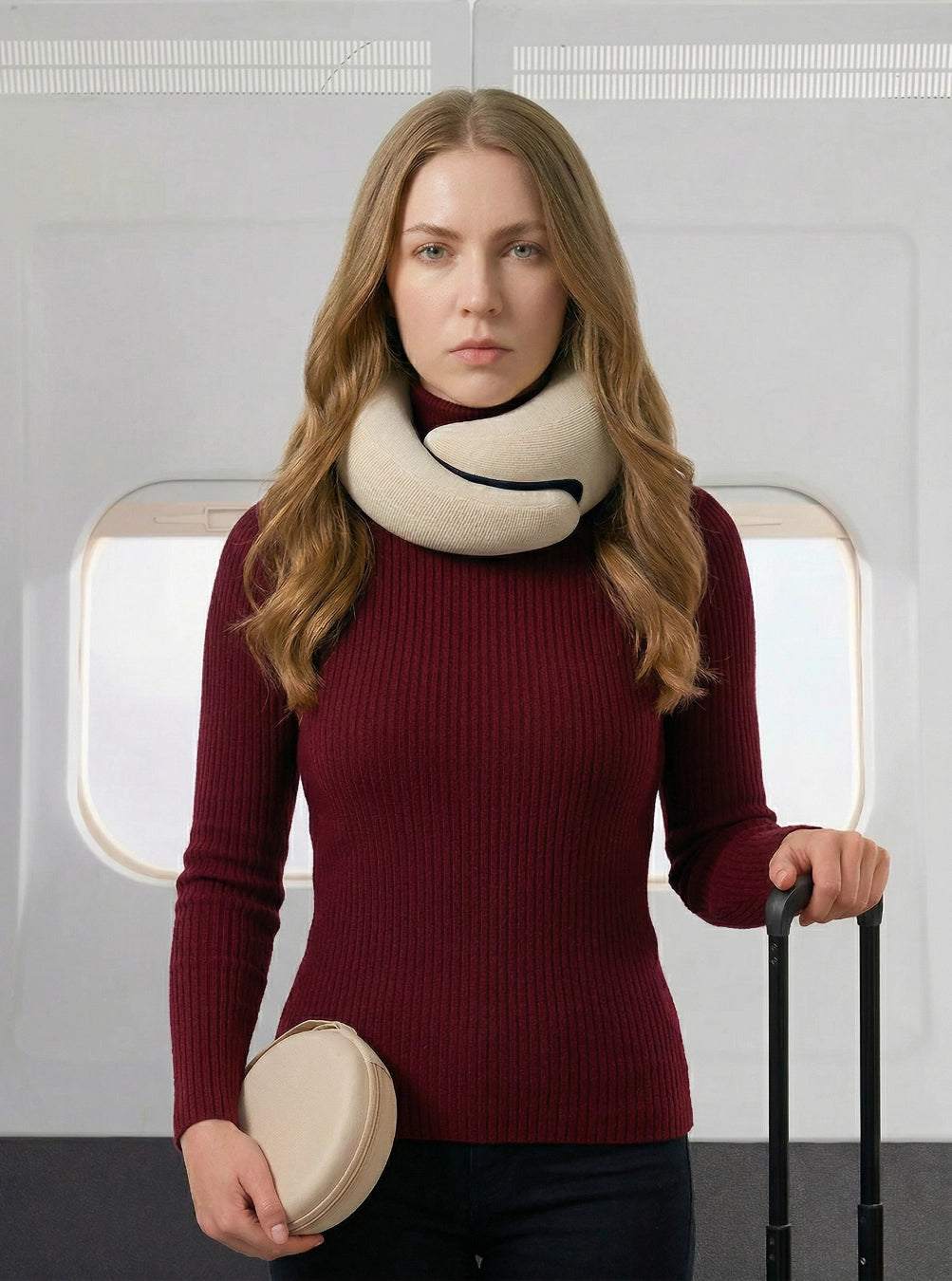 Woman wearing a travel neck pillow with a suitcase and another pillow in front of an airplane window, cloudwhite