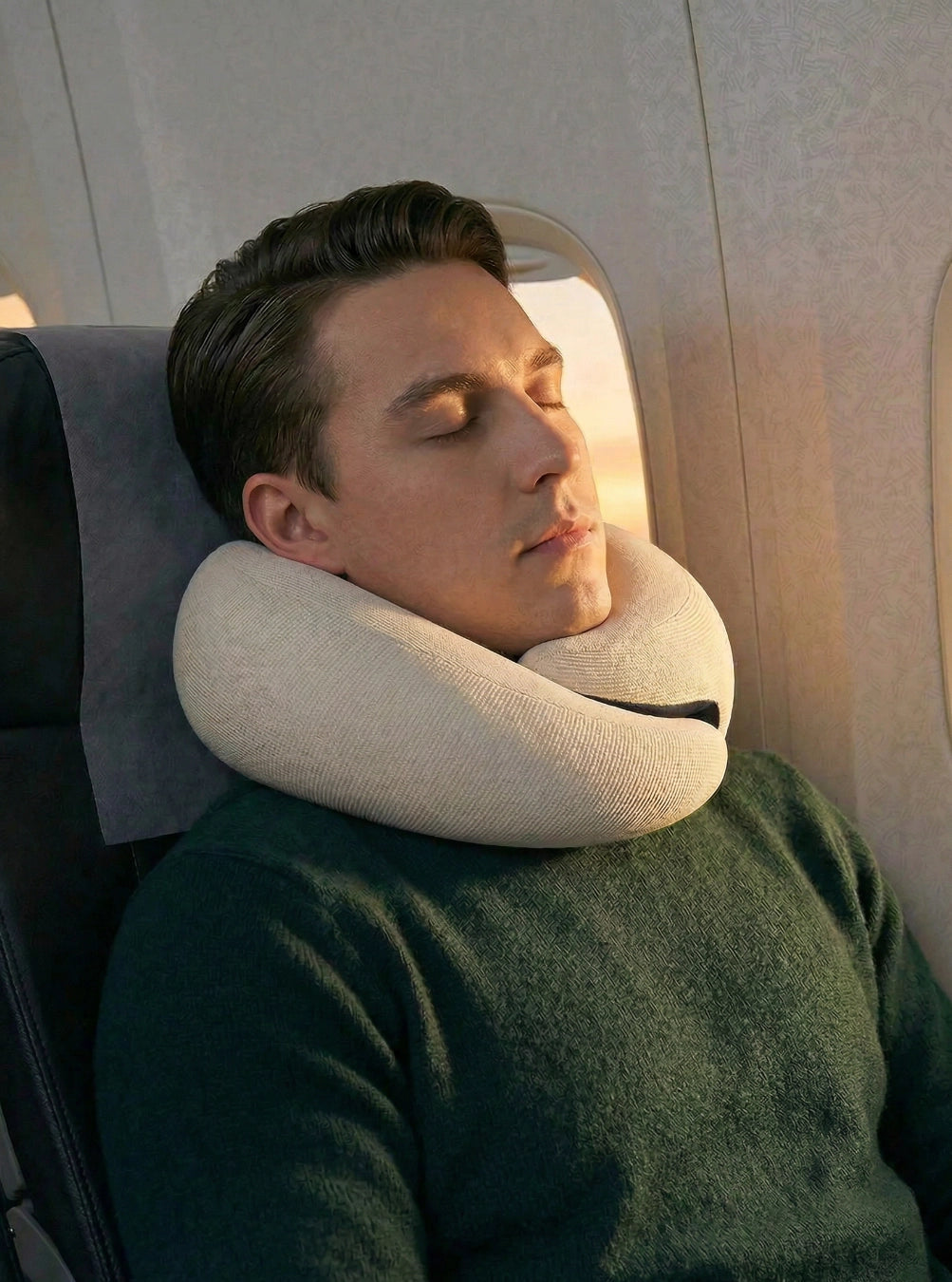Man sleeping on an airplane with a neck pillow, cloudwhite