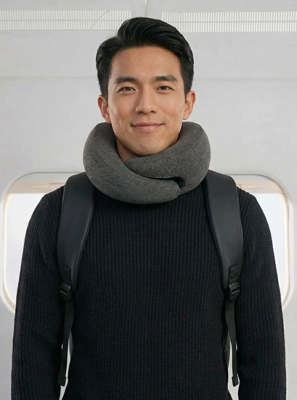 Man wearing a gray scarf and black sweater with a backpack indoors, spaceblack