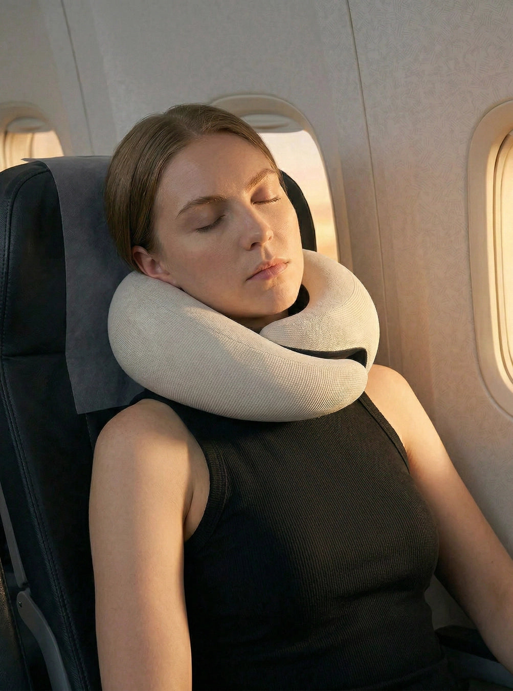 Woman using a neck pillow on an airplane, stormgrey